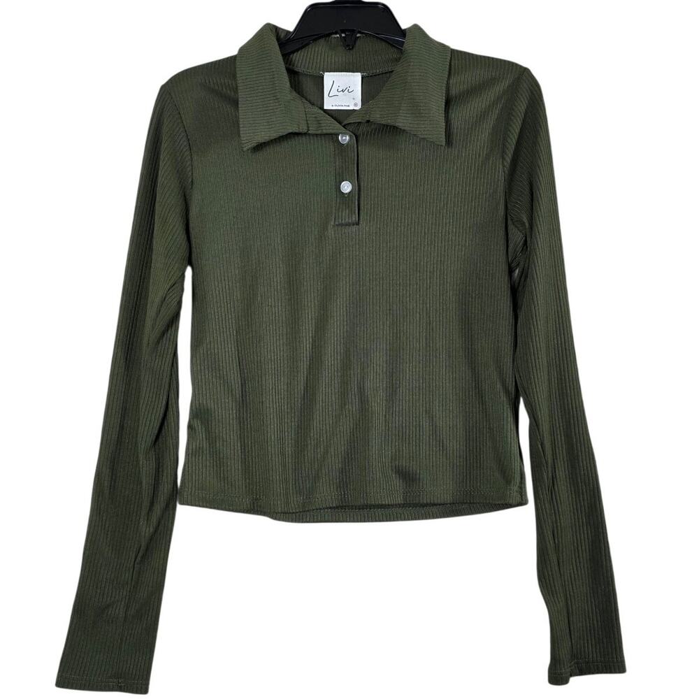 Livi by Olivia Rae Ribbed Top Womens M Green Collared Button Long Sleeve Stretch